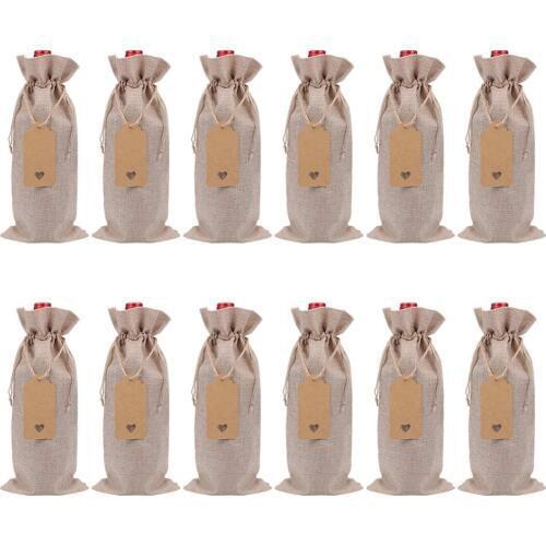 12Pcs Jute Wine Bag Reusable Lunch Bag Wine Bottle Gift Bags Textile Foldable Wrapping Drawstring Party Table Decor