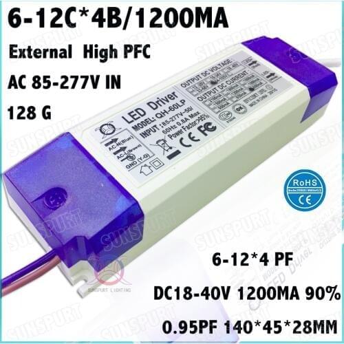 2 Pcs High PFC 60W AC85-277V LED Driver 6-12Cx4B 1200mA DC18-40V DC line Constant Current LED Power For Spotlights Free Shipping