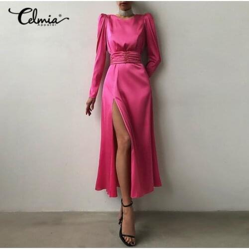 2021 Fashion Satin Party Maxi Dress Celmia Women Sexy Backless Long Puff Sleeve Vestidos Elegant Split Hem Belted Sheath Robes
