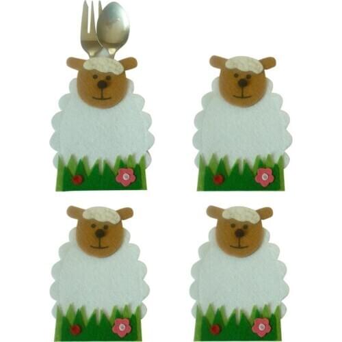 4pcs Sheep Knife And Fork Bags Tableware Decor Easter Lamb Cutlery Bag Lamb Cutlery Set Tableware Holder Cover Easter Decoration