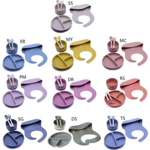 5PCS/Set Baby Feeding Tableware BPA Free Food Grade Silicone Bowl Bib Placemat Fork Spoon Feeding Set Baby Supplies for Kids