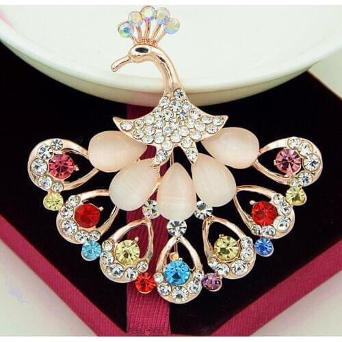 Gold Color Alloy Elegant Opal Stone And Multicolor Crystal Big Peacock Brooch Fashion Women Scarf Pin Gift Corsage