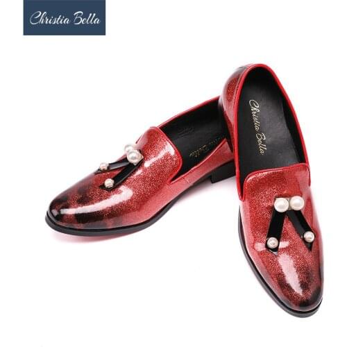 Christia Bella Glossy Pattern Leather Men Loafers with Pearl Bow Fashion Business Style wedding and Party Dress Shoes Men Flats