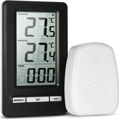LCD Digital Wireless Thermometer Indoor and Outdoor Temperature Measurement °C/°F Max/Min Value Display 12H/24H Clock