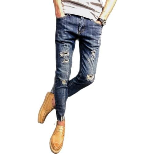 Spring summer 2021 denim jeans mens Korean Slim feet ripped hole pants beggar trousers thin students teenager pencil pants