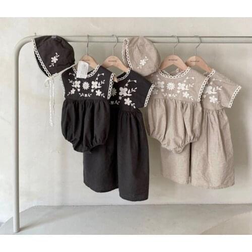 Vintage Flower Embroidery Baby Girls Romper Summer Linen Cotton Sleeveless Jumpsuit for Toddler Girls Children Clothing Set