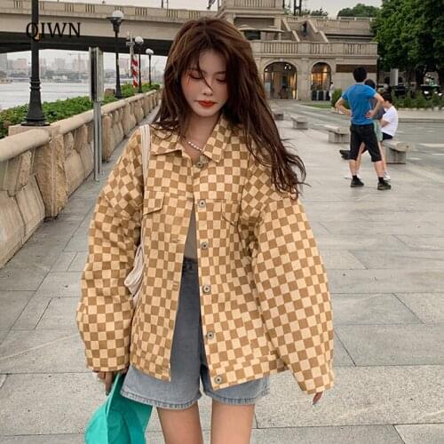 Khaki Plaid Jacket Women Autumn Winter Buttons Long Sleeved Loose Retro Street Fashion Harajuku Girl Casual Coat Female Clothing