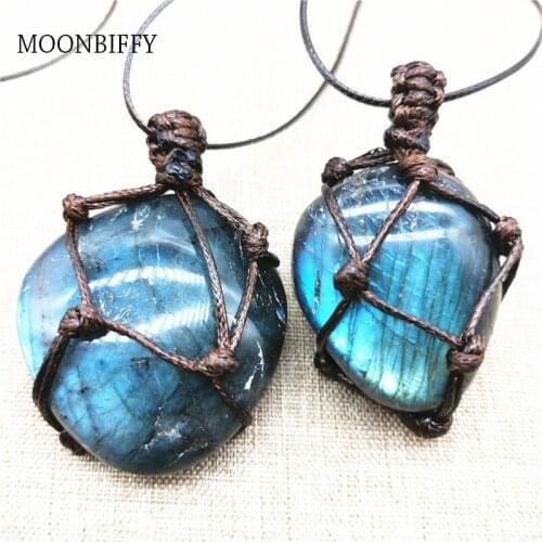 Labradorite Moonstone Necklace Wrap Braid Natural Crystal Pendant Energy Necklace Retro Blue Light Hand Woven For Men Women