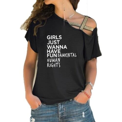 Summer Girls Just Wanna Have Fundamental Human Rights Letter Print Women Casual Short sleeve Irregular Skew Cross Bandage Tops