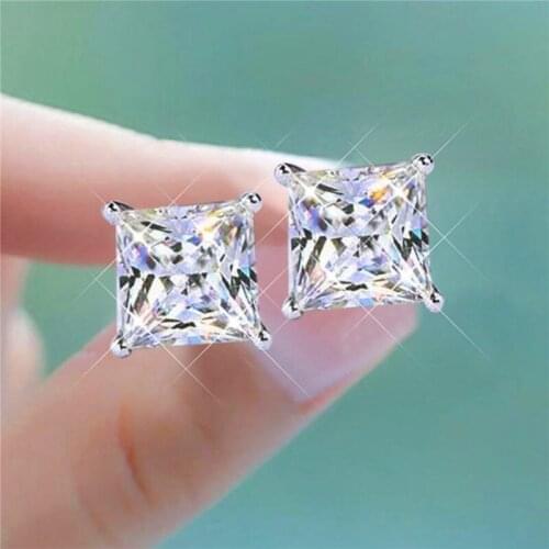 Cute Female 6mm Black White Blue Jewelry Charm Silver Color Wedding Earrings Dainty Square Crystal Small Stud Earrings For Women