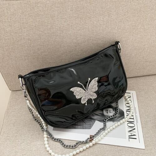 Fashion Butterfly Rhinestones Handbag Women Pearl Chain PU Leather Shoulder Crossbody Underarm Bag Sling Purse for Girls