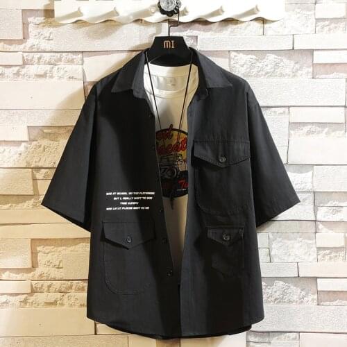 Fashion Korea Design Cargo Short Sleeve Casual Black White Shirts Mens Blouse 2021 Summer Clothing OverSize Bigger Pocket