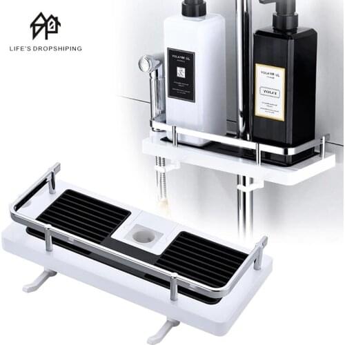 No Drilling Lifting Rod hower Storage Rack Organizer Bathroom Pole Shelves Shampoo Tray Stand Single Tier Shower Head Holder