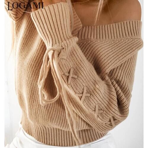 LOGAMI Lace Up Sleeve V Neck Pullover Women Knit Sweater Female Fall Jumper Pullovers Yellow Black Apricot