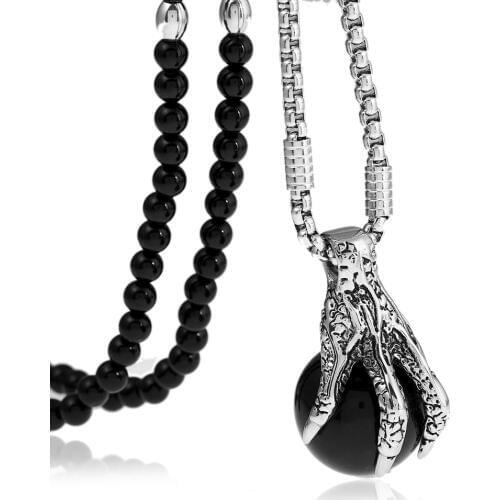 Pink Stainless Steel Black Ball Dragon Claw Pendant Necklace with Black Natural Stone Chain 26"