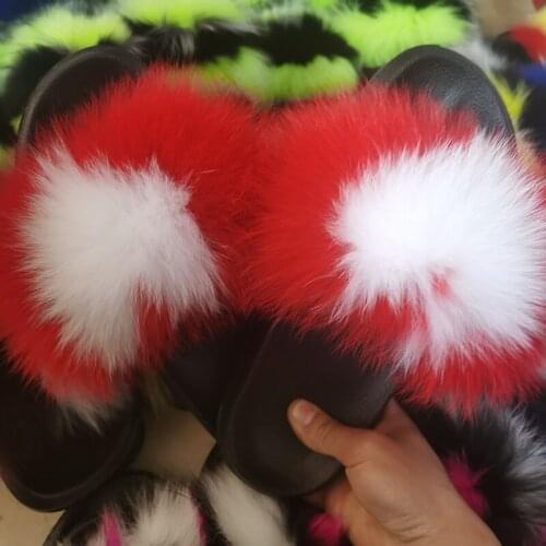 Summer Women Fur Slides Fashion Fox Fur Slippers Ladies Fluffy Sandals Plush Home Fur Flip Flops Real Fox Fur Slides Wholesale