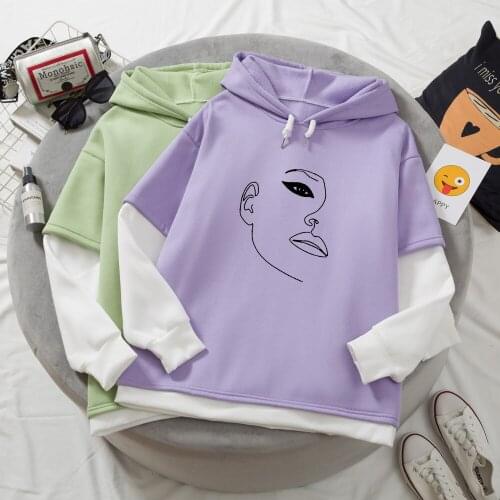 Color Block Sweatshirt Hood Womens Tracksuit Jogger Fake Two Piece Hoodie Harajuku Full Sleeve Pullovers E Girl Kpop Clothes