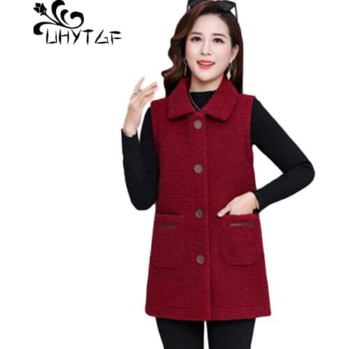 UHYTGF Middle-Aged Mom Spring Autumn Vests For Women Quality Lambswool Casual Warm Fur Waistcoat Jacket 5XL Plus Size Coat 1341