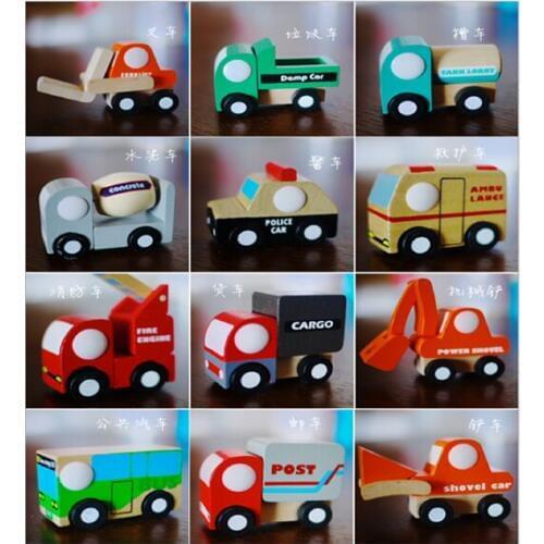 X003 12 pcs wooden car model toy ambulance forklift truck bus police truck educational toys garbage truck car fire for children