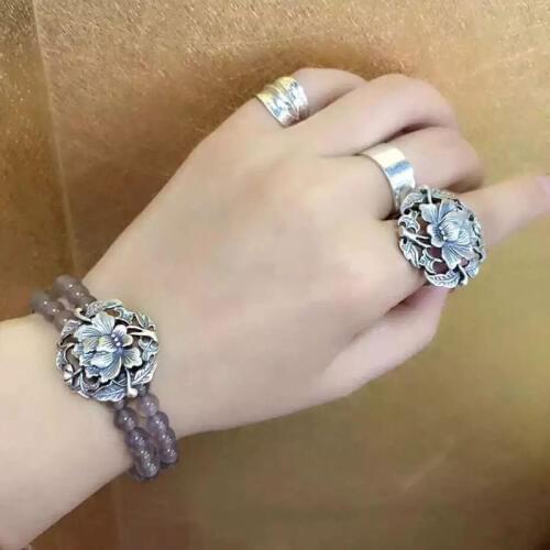 2019 fashion jewelry s925 silver restoring ancient ways is hollow-out peony Silver grey chalcedony natural bracelet with a bir
