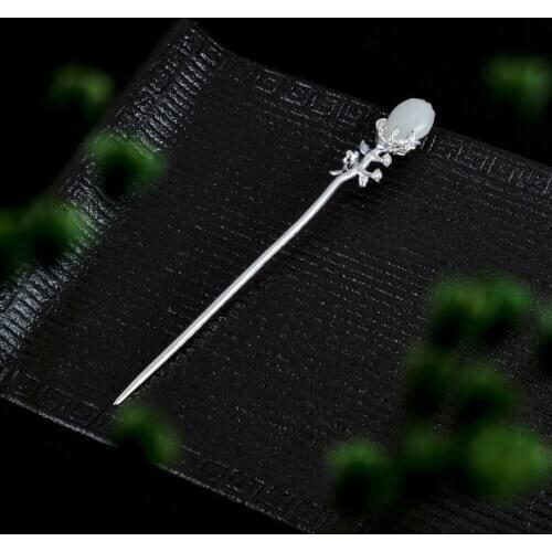 Pearl 925 Sterling Silver Hair Stick Jade Magnolia Flower Hairpin Women Luxury Jewelry Ethnic Chinese Hair Pins