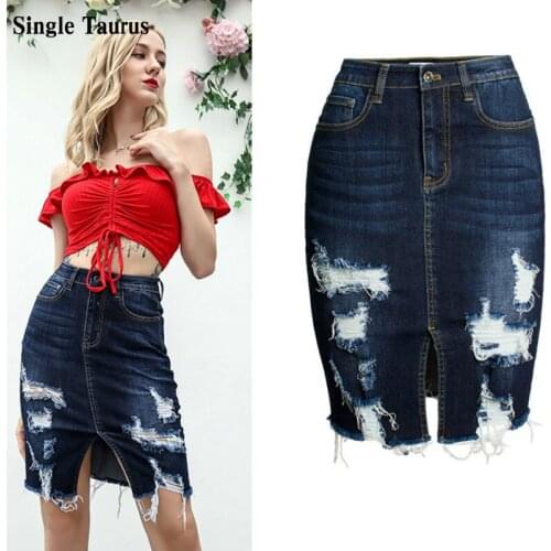 2019 New Distressed Denim Skirts Womens Ripped Tassel Push Up Jeans Jupe Femme Fashion Irregular Vintage England Style Saia Midi