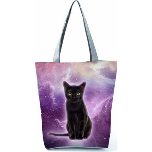 Black Cat Pattern Purple Starry Sky Printed Handbags for Women Eco Friendly Practical Womens Casual Tote Portable Shopping Bag