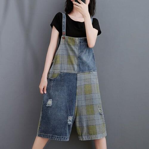 2021 Summer New Loose Ripped Wide Leg Pants Women Fashion Plaid Stitching Denim Shorts Casual Jumpersuits Overalls Jeans Rompers