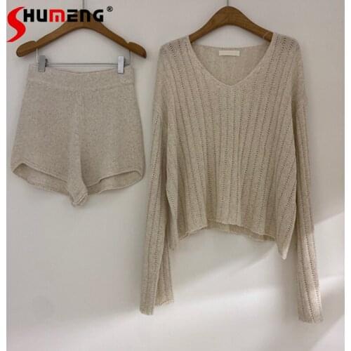 2021 Summer Autumn New Style Korean Womens Knitted Loose V-neck Solid Color Coat Top Shorts Fashion Two-Piece Suit