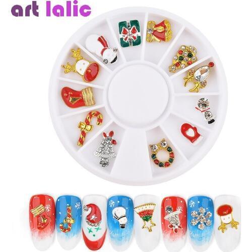 12 Pcs Christmas Nail Wheel Glitter Rhinestone Nail Art Decorations Snowflake Santa Boots Hats 3D Metal Alloy Charms Nail Studs
