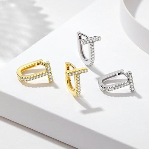 ARLIE 925 Sterling Silver T-shaped Shiny Zircon Hoop Earrings for Women Gold Silver Color Geometric Small Earrings Party Jewelry