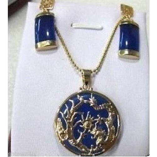 Free Shipping >>beautiful gold plate blue jade Earrings pendant set