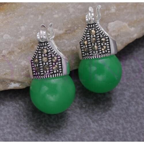 Free shipping whosale Elegant tibet silver round bead Natural jade earrings