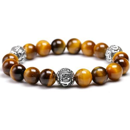 Natural Tiger Eye Stone With Tibetan Om Mani Padme Hum Bracelet 10MM Beaded Buddha Mantra For Men Women Lovers Jewelry