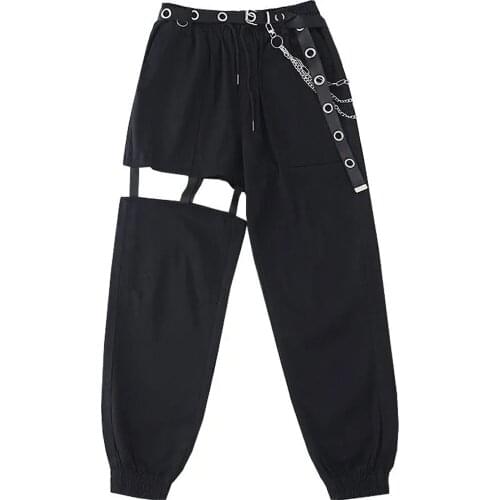 Cargo Pants With Chain Belt For Women Black High Street Trousers Casual Elastic High Waist Pant Hip Hop Female Fashion Pants