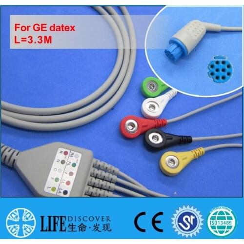 One piece ECG cable with 5 snap lead wires for GE datex patient monitor