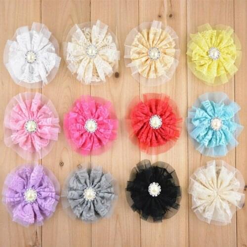 20pcs/lot 9CM Shabby Shredded Lace Flower with Pearl Rhinestone Single Flower Hair Accessory Chiffon Fabric Flower For Headband