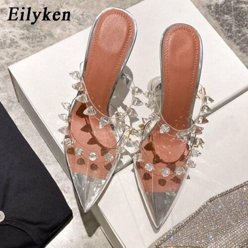 Eilyken Sexy Transparent PVC Pointed Toe Woman Pumps Fashion Crystal Rivet Design Ladies Party Wedding Shoes Spike Heels Sandals