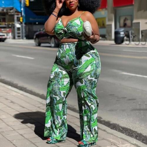 4XL Plus Size 2 Pieces Sets African Womens Green Printed Crop Tops Pants High Waist Bodycon Fashion Elegant Outfits Matching Set