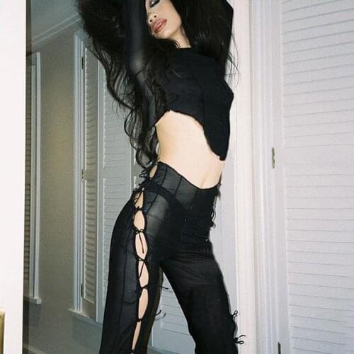 LIBERJOG Summer Trend Womens New Stretch Slim Mid Waist Straight Tube Micro Trumpet Hollow Out Lace Up Casual Pants Streetwear