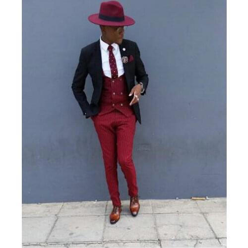 Hot Selling Casual Business Black Jacket Burgundy Stripe Peak Lapel Groom Tuxedos Men Suits Wedding/Prom/Dinner Best Man Blazer