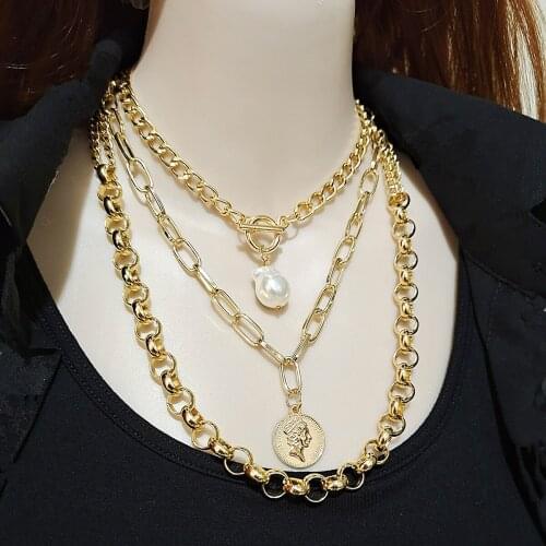 DIEZI Multilayer Baroque Pearl Chain Necklace Statement Party Gift Carved Coin Human Head Pendant Necklaces 2021 New Jewelry