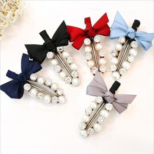 Fashion Handmade Ribbon Bowknot Rhinestone Pearl Hair Clips Girls Women Lady Metal Crystal Hairpins Hair Accessories Barrette