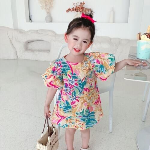 Girls fashion puff sleeve floral printing dress Summer cotton short sleeve casual dress clothings