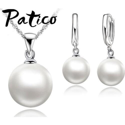 Fashion Nice Pearl Jewelry Set 925 Sterling Silver Necklace+Pearl Hoop Earrings Wedding Jewelry Sets