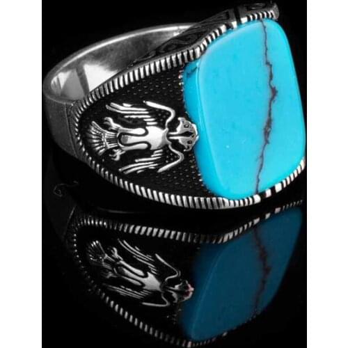 Men Silver Ring With Blue Turquoise Stone And Animal Eagle Motif, Made In Turkey, Solid 925 Sterling Silver