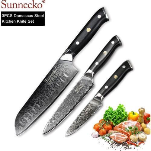 SUNNECKO 3PCS Kitchen Knives Set Utility Chef Knife Japanese Damascus VG10 Super Steel Core G10 Handle Chef Cooking Cutter Tools