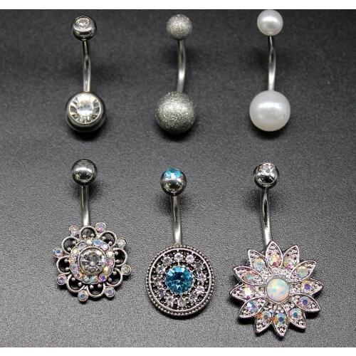 6PCS Opal Flower Belly Bar Set Navel Piercing Ring Set Surgical Steel Cute Belly Ring Stud Bijoux Nombril Piercing Ombligo Lot