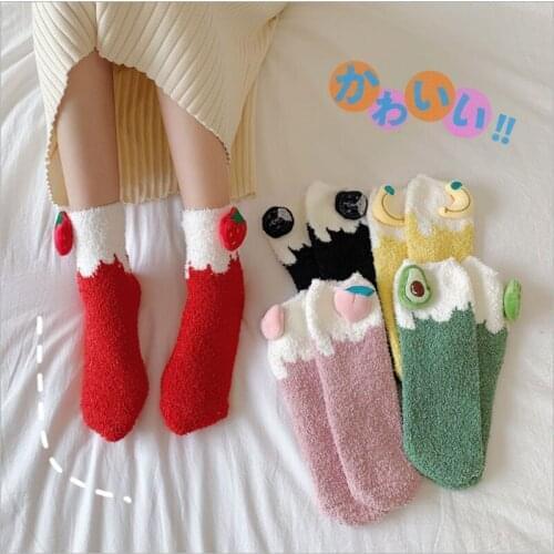 Sweet Winter Hot-selling Coral Fleece Womens Socks Fruit Ice Cream Ladies Tube Socks Soft and Comfortable Home Socks