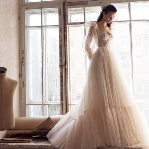 Charming Latest 2021 Long Sleeves Bridal Wedding Dresses Sweetheart Corset Back Wedding Gown for Bride Beading Bodice On Sale